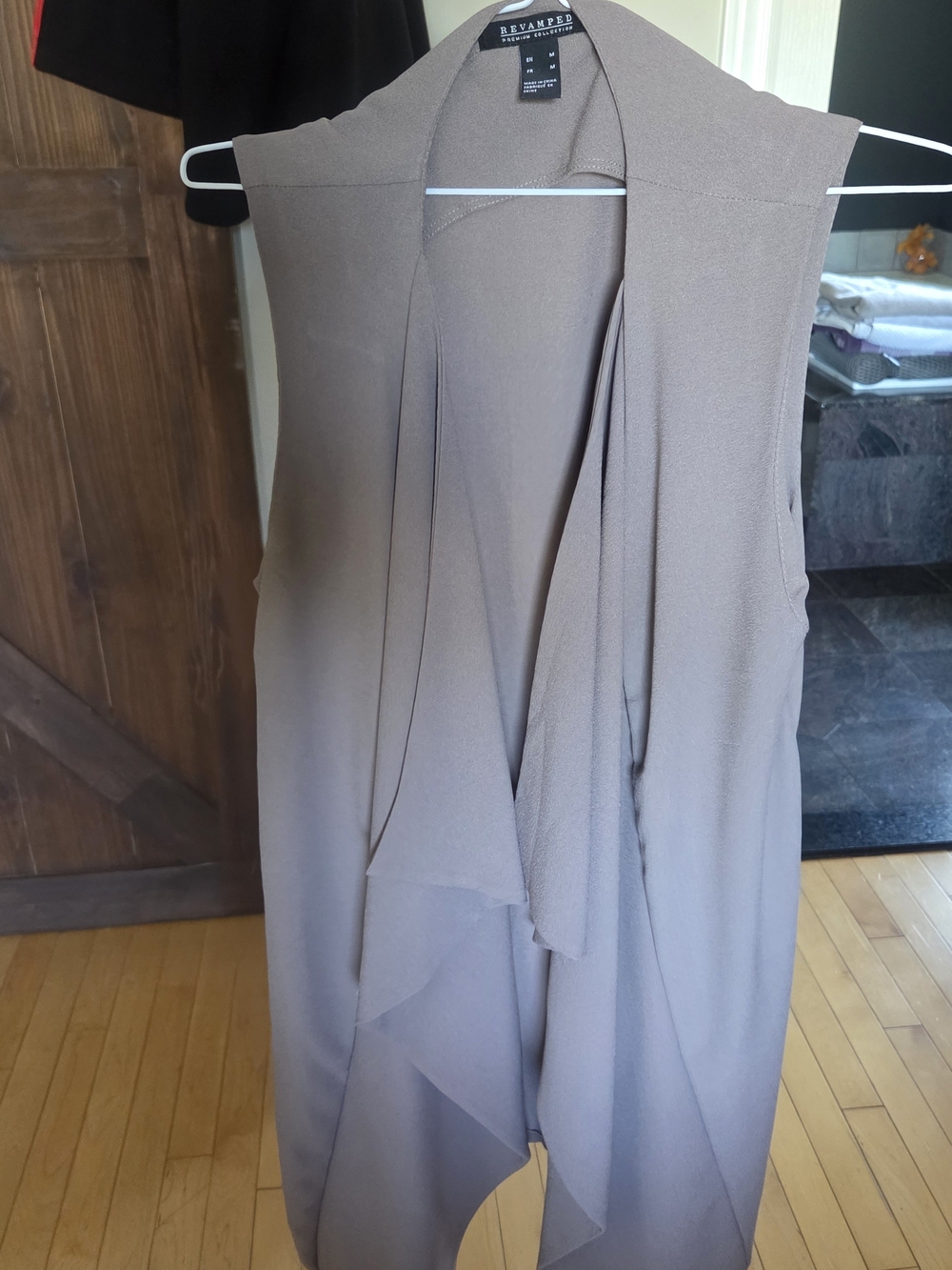 Revamped Taupe Asymmetrical Drape Vest Dress